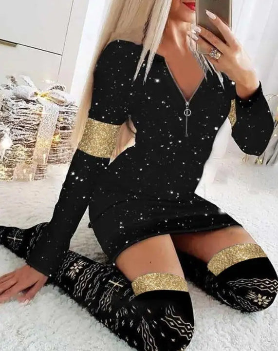 Christmas Chic: Stylish Snowflake & Elk Print Mini Dress for Festive Elegance - FREE SHIPPING