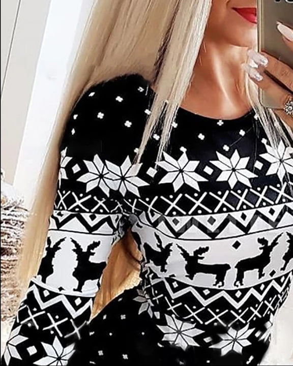 Christmas Chic: Stylish Snowflake & Elk Print Mini Dress for Festive Elegance - FREE SHIPPING