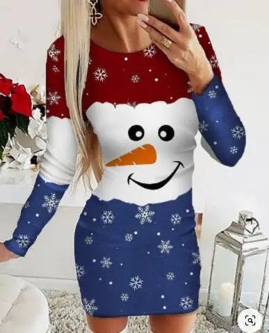 Christmas Chic: Stylish Snowflake & Elk Print Mini Dress for Festive Elegance - FREE SHIPPING