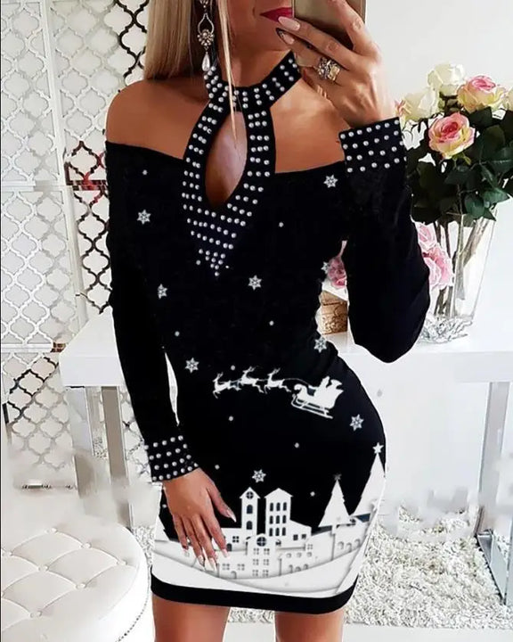 Christmas Chic: Stylish Snowflake & Elk Print Mini Dress for Festive Elegance - FREE SHIPPING