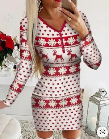 Christmas Chic: Stylish Snowflake & Elk Print Mini Dress for Festive Elegance - FREE SHIPPING