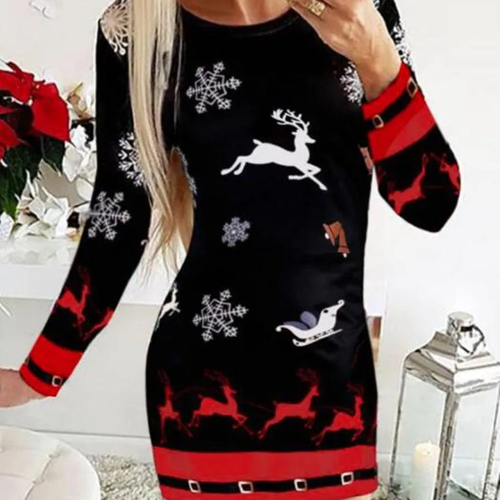 Christmas Chic: Stylish Snowflake & Elk Print Mini Dress for Festive Elegance - FREE SHIPPING