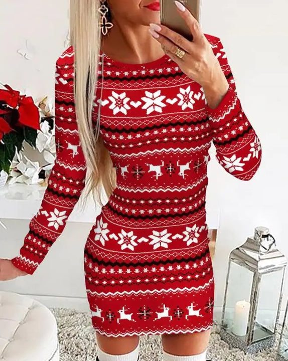 Christmas Chic: Stylish Snowflake & Elk Print Mini Dress for Festive Elegance - FREE SHIPPING