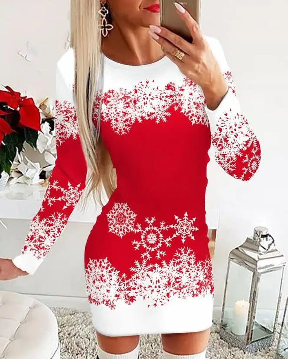 Christmas Chic: Stylish Snowflake & Elk Print Mini Dress for Festive Elegance - FREE SHIPPING
