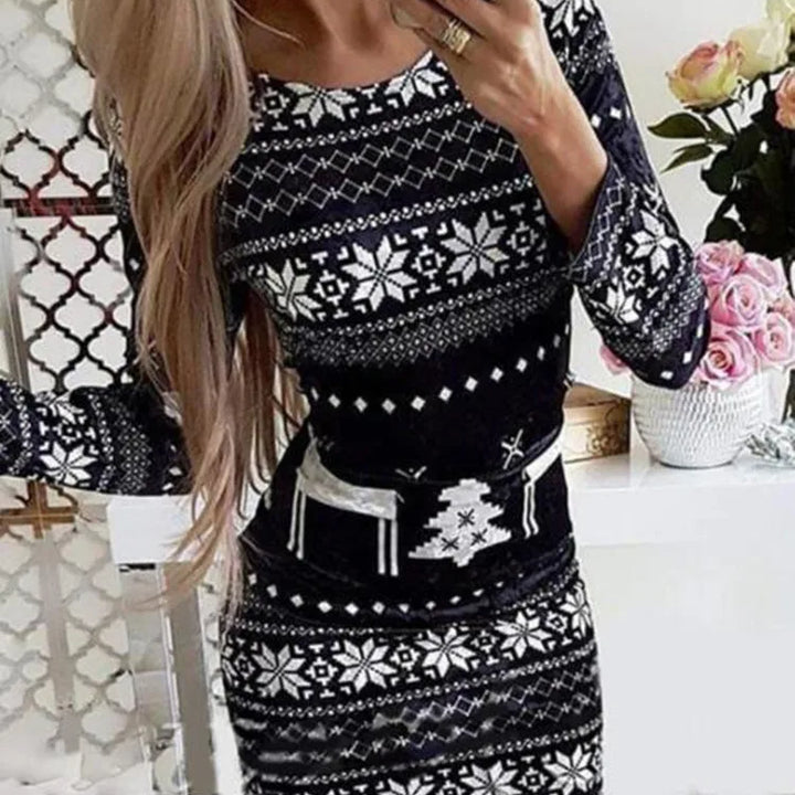 Christmas Chic: Stylish Snowflake & Elk Print Mini Dress for Festive Elegance - FREE SHIPPING