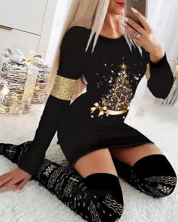 Christmas Chic: Stylish Snowflake & Elk Print Mini Dress for Festive Elegance - FREE SHIPPING
